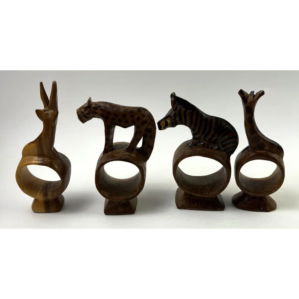 Vintage Hand Carved Animal NAPKIN RINGS African Safari Set of 4